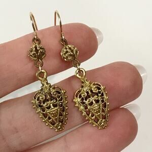 Premier Designs Vintage Gold Tone Open Work Filigree Ball Dangle Heart Earrings